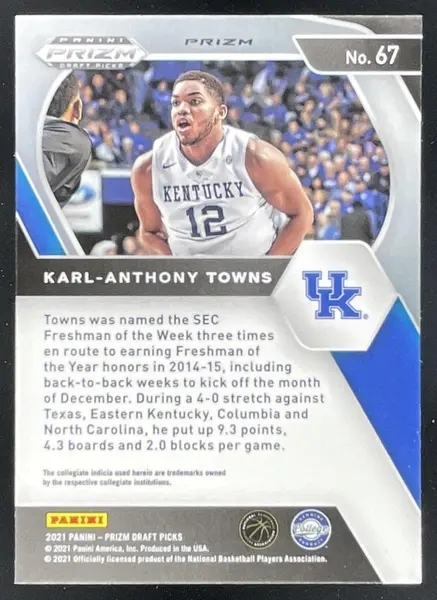 2021-22 Panini Prizm Draft Picks White Sparkle Prizm SSP #67 Karl-Anthony Towns