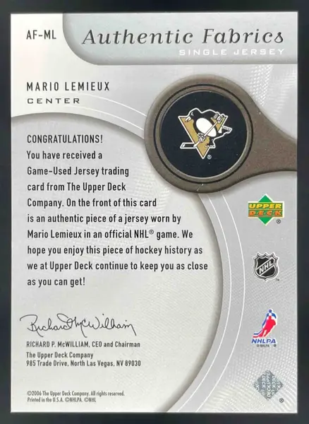 2005-06 SP Game Used Authentic Fabrics #AF-ML Mario Lemieux MEM