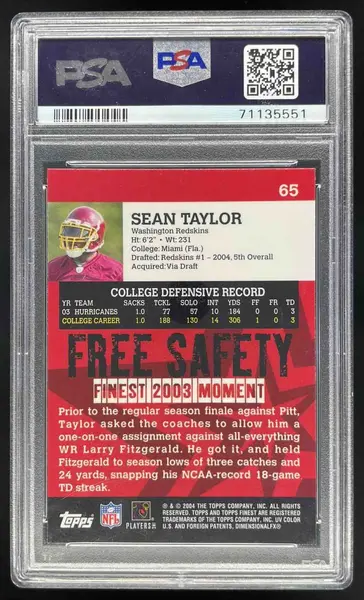 2004 Topps Finest #65 Sean Taylor RC PSA 10