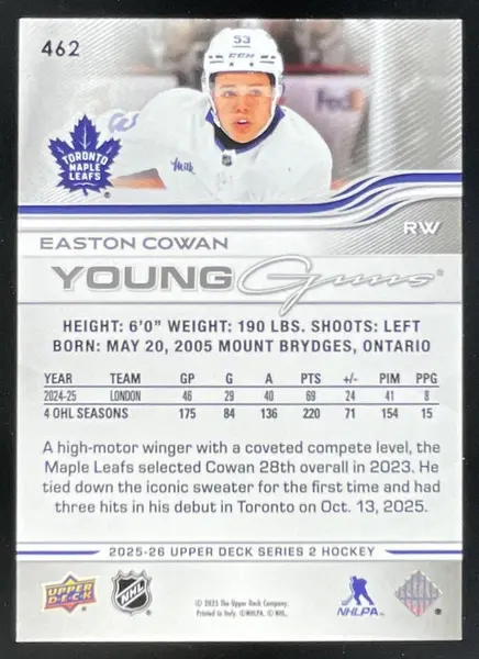 2025-26 Upper Deck Series 2 Young Guns #462 Easton Cowan RC