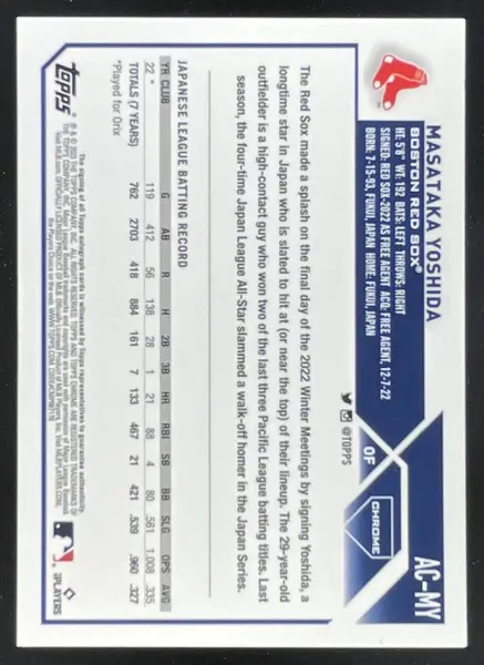 2023 Topps Chrome Update Autographs #AC-MY Masataka Yoshida Autograph RC Auto