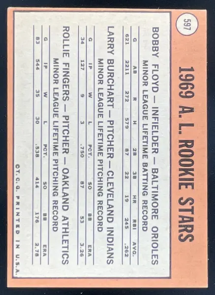 1969 Topps #597 Bob Floyd Larry Burchart Rollie Fingers RC