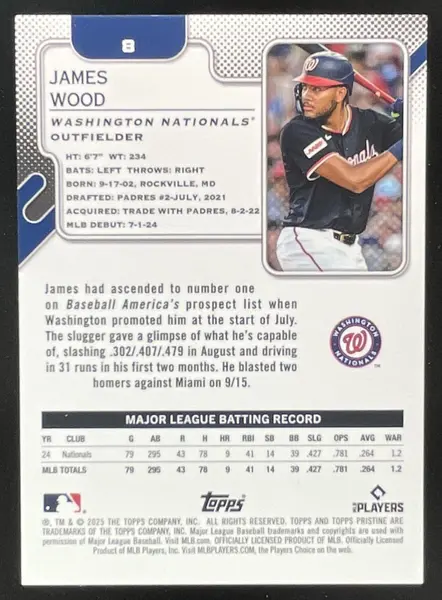 2025 Topps Pristine Blue Refractor #8 James Wood RC /75