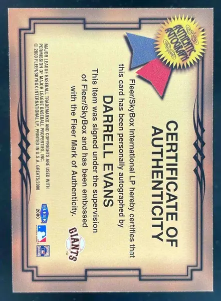 2000 Fleer Greats of the Game Autographs #NNO Darrell Evans Auto