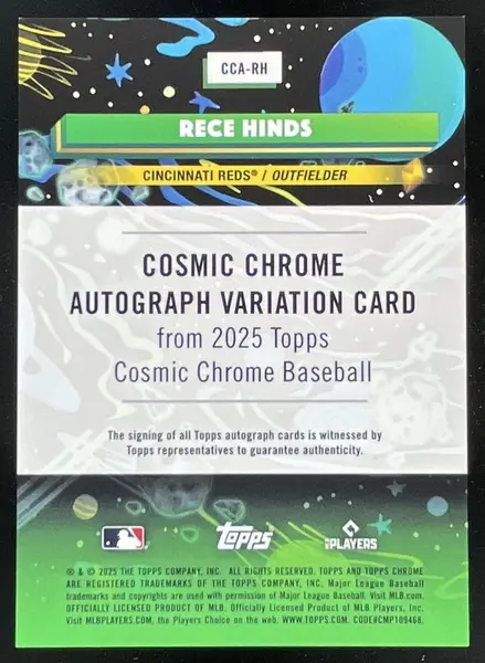 2025 Topps Cosmic Chrome Cosmic Chrome Green Space Dust Rece Hinds RC Auto /75
