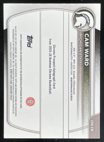 2025-26 Bowman Chrome Autograph Purple Refractor #CPA-CW Cam Ward RC Auto /250