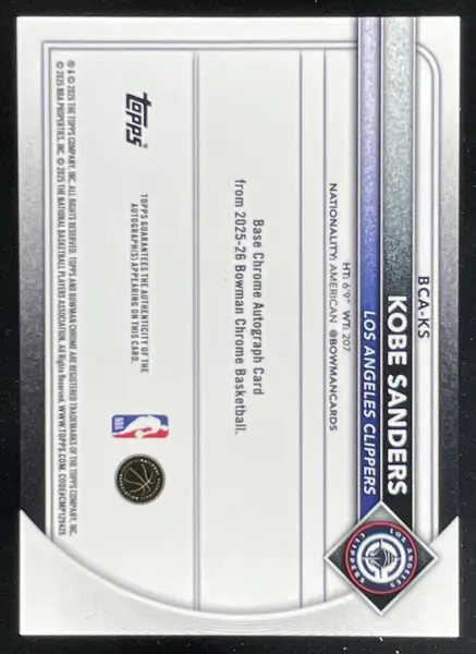 2025-26 Bowman Chrome Reptilian Green #BCA-KS Kobe Sanders RC Auto /99