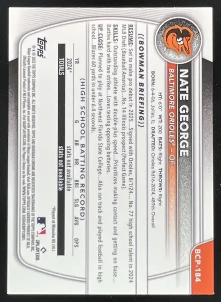 2025 Bowman Chrome Prospects Purple Shimmer  #BCP-184 Nate George RC /250