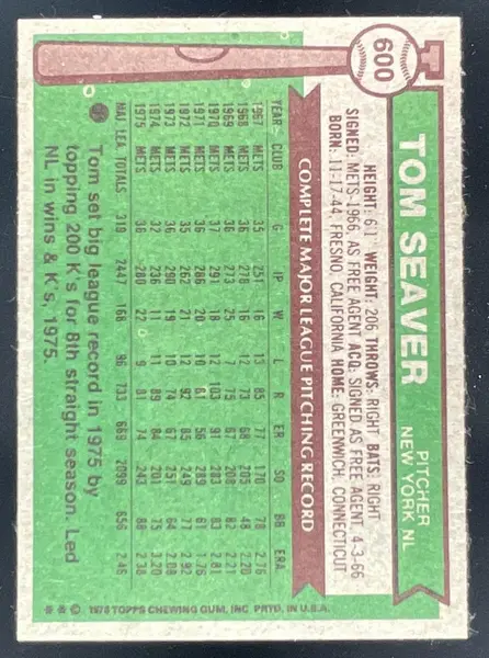 1976 Topps #600 Tom Seaver