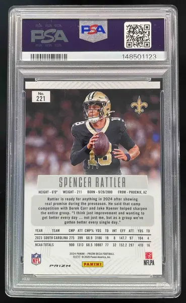 2024 Panini Prizm Deca Shimmer Black Gold FOTL #221 Spencer Rattler RC /8 PSA 10