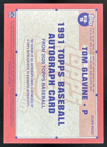 2026 Topps 1991 Topps Autograph Gold #91A-TG Tom Glavine Auto /50