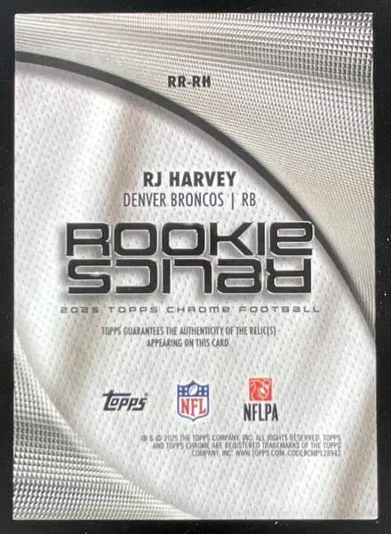 2025 Topps Chrome Rookie Relics Green Refractor #RR-RH RJ Harvey RC /99
