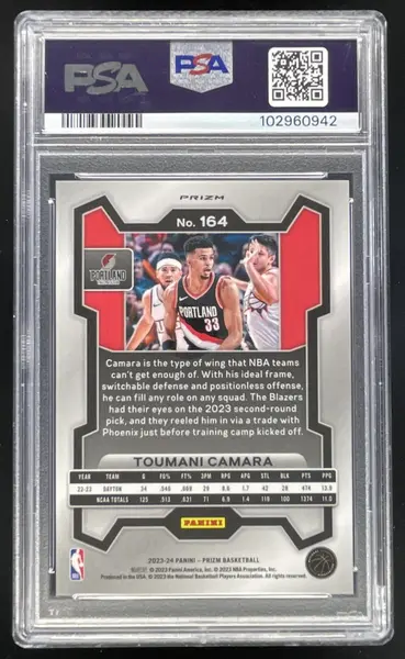 2023-24 Panini Prizm Prizms White Sparkle #164 Toumani Camara RC PSA 10