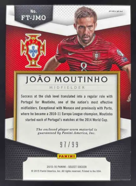 2015 Panini Select First Team Swatches Blue Prizm #FT-JMO Joao Moutinho /99
