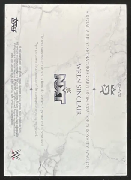 2025 Topps Royalty WWE Regalia Relic Signatures #RES-WSI Wren Sinclair Auto /99