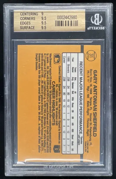 1989 Donruss #31 Gary Sheffield RC Rated Rookie BGS 9.5