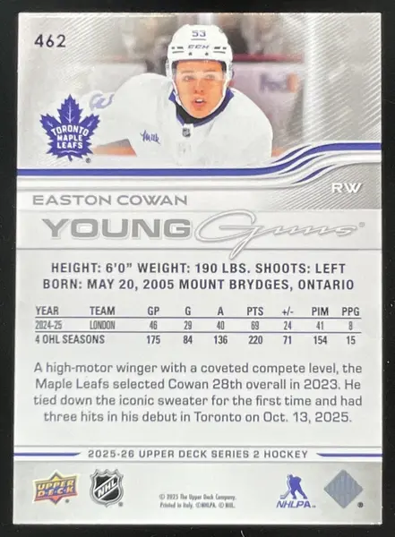 2025-26 Upper Deck Series 2 Young Guns #462 Easton Cowan RC