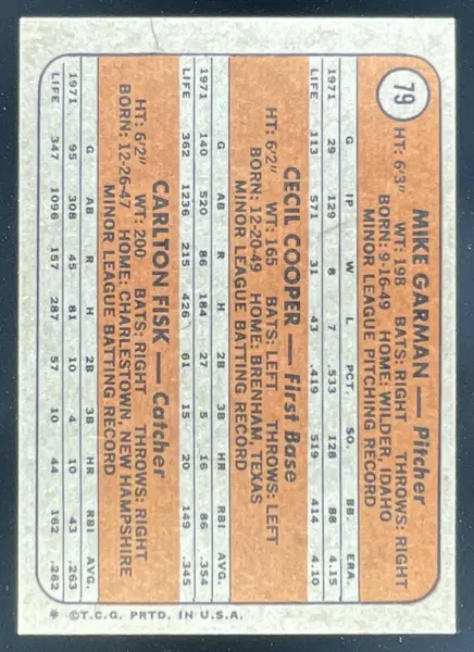 1972 Topps #79 Red Sox Mike Garman Cecil Cooper Carlton Fisk RC