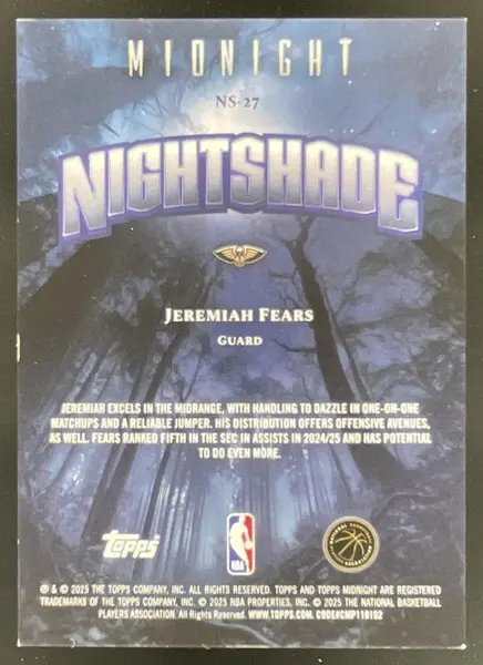 2025-26 Topps Midnight Night Shade #NS-27 Jeremiah Fears SSP