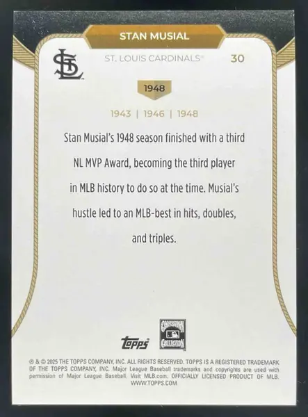 2025 Topps Welcome to the Club: 3-X MVP Aqua Foil #30 Stan Musial 1948/75