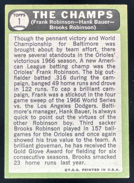 1967 Topps #1 The Champs Frank Robinson Hank Bauer Brooks Robinson CPC,