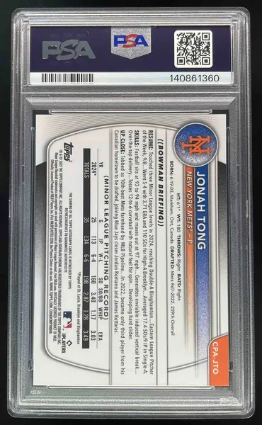 2025 Bowman Chrome Prospect Autographs #CPA-JTO Jonah Tong RC Auto PSA 10