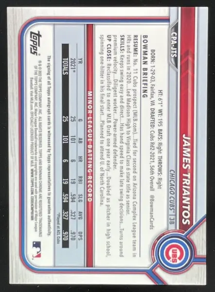 2022 Bowman Chrome Prospect Speckle #CPA-JTS James Triantos Auto /299