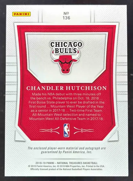 2018 National Treasures Rookie Patch Limited Chandler Hutchison RC Auto /20