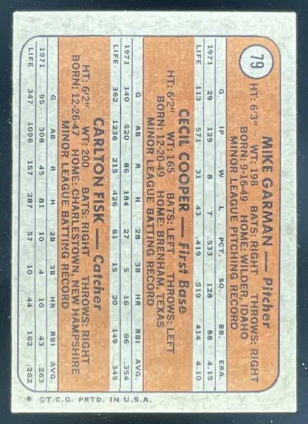 1972 Topps #79 Red Sox Mike Garman Cecil Cooper Carlton Fisk RC