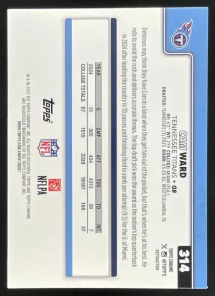 2025 Topps Chrome Rookie Refractor #314 Cam Ward RC