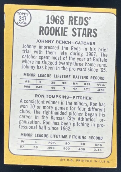 1968 Topps #247a Reds 1968 Rookie Stars Johnny Bench Ron Tompkins RS, RC, E RC