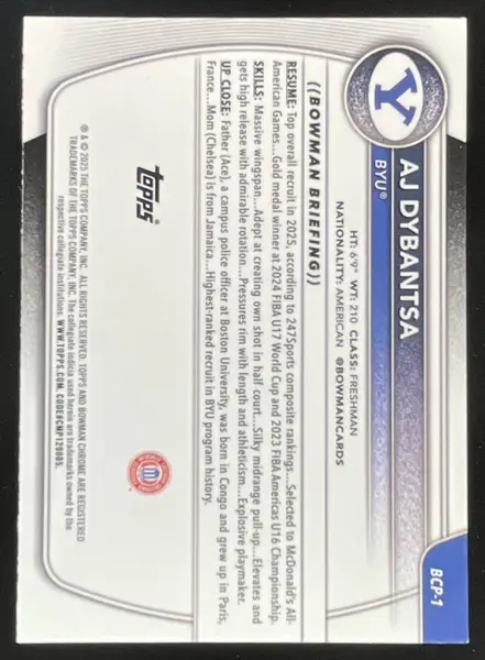 2025-26 Bowman Chrome Prospects Blue Refractor #BCP-1 AJ Dybantsa RC /150