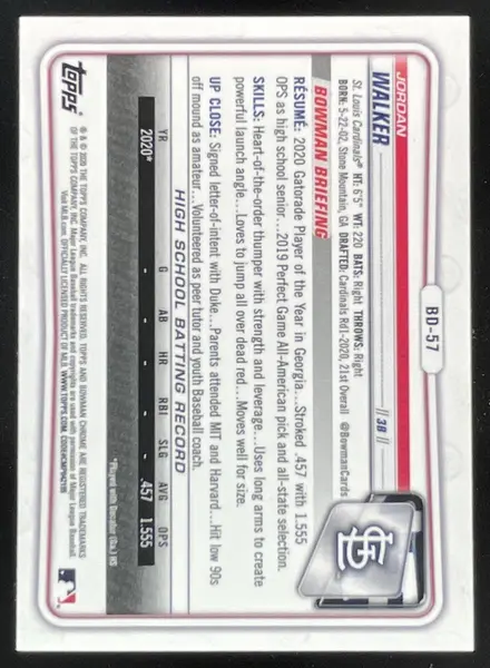 2020 Bowman Draft Chrome #BD-57 Jordan Walker RC