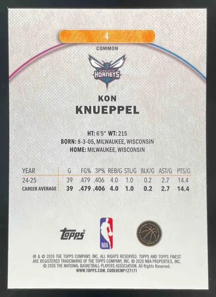 2025-26 Topps Finest Common #4 Kon Knueppel RC