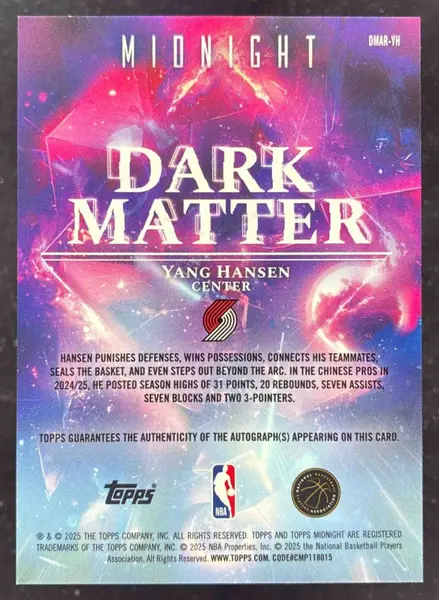 2025-26 Topps Midnight Dark Matter Rookie Dusk #DMAR-YH Yang