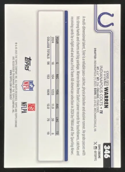 2025 Topps Chrome Rookie Gold Wave Refractor #346 Tyler Warren RC /50
