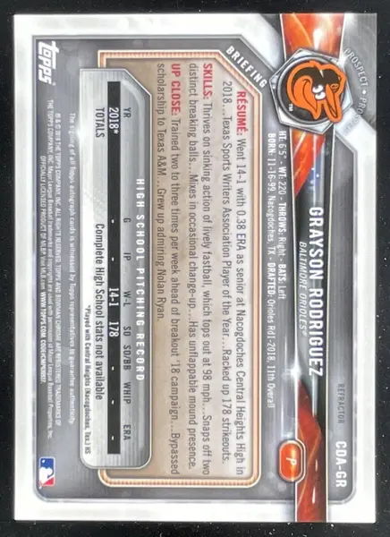 2018 Bowman Draft Chrome Pick #CDA-GR Grayson Rodriguez RC Auto /499