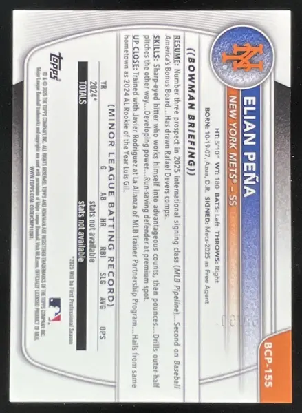 2025 Bowman Chrome Prospects Green Wave Refractor #BCP-155 Elian Pena RC /99