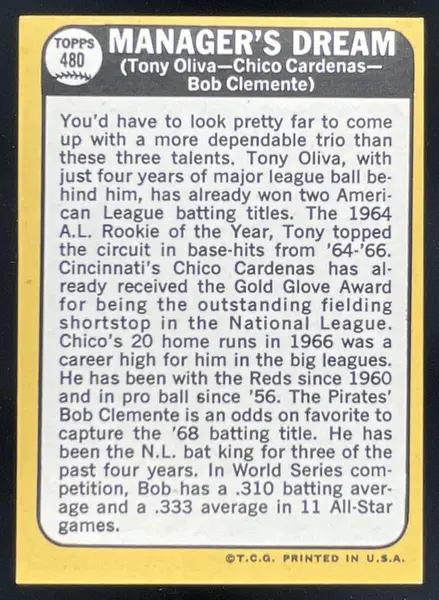1968 Topps #480 Manager s Dream Tony Oliva Chico Cardenas Bob Clemente C