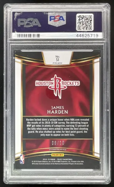 2018-19 Panini Select Gold Prizms #51 James Harden Concourse /10 PSA 9