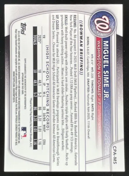2025 Bowman Draft Chrome Prospect Autograph #CPA-MS Miguel Sime Jr. RC Auto