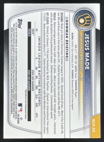2025 Bowman Sapphire Chrome Prospects Green Refractors #BCP-50 Jesus Made RC /99