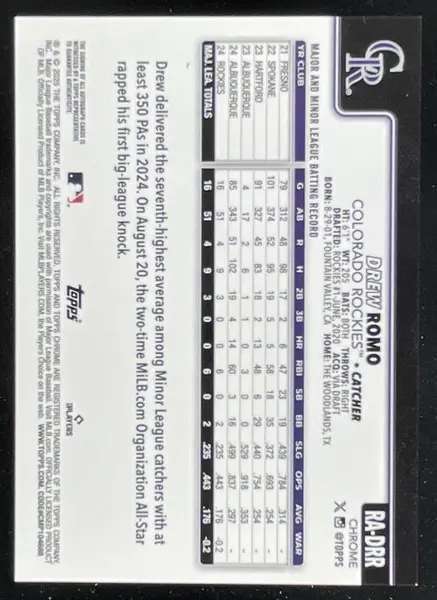 2025 Topps Chrome Rookie Autographs Gold Refractor #RA-DRR Drew Romo RC Auto /50