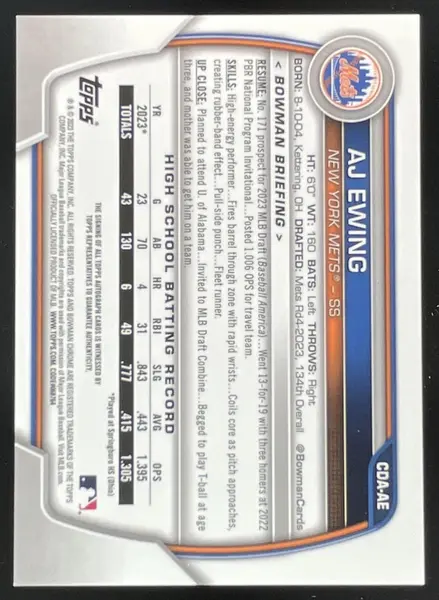 2023 Bowman Draft Chrome Prospect Autographs #CDA-AE AJ Ewing RC Auto