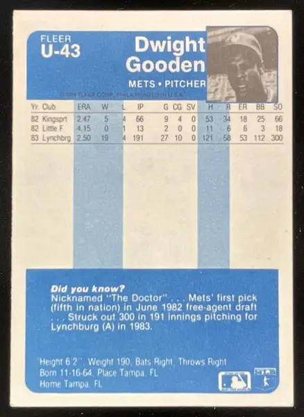 1984 Fleer Update #U-43 Dwight Gooden RC