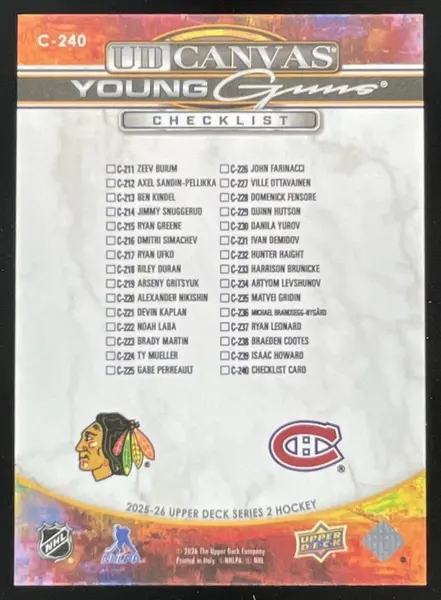 2025-26 Upper Deck UD Canvas Artyom Levshunov Ivan Demidov Young Guns RC