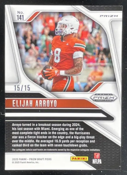 2025 Panini Prizm Draft Picks Gold Shimmer Prizm #141 Elijah Arroyo RC /15