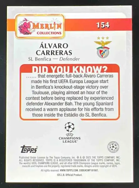 2024-25 Topps Merlin Chrome Green Speckle Refractor #154 Alvaro Carreras /99