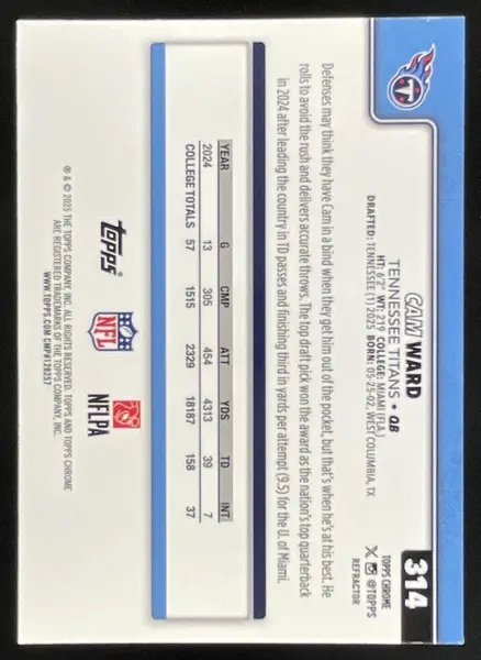 2025 Topps Chrome Rookie Refractor #314 Cam Ward RC