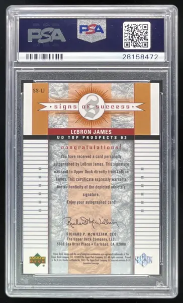 2003 Upper Deck Top Prospects Signs of Success #SSLJ LeBron James RC Auto PSA 10
